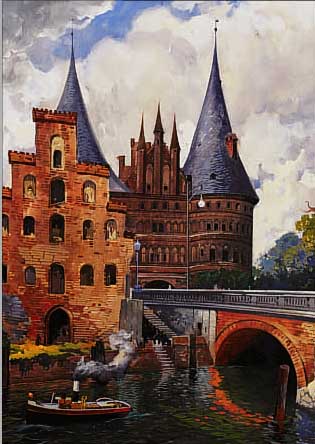 SCHULZE, HANS RUDOLF, *1870 BERLIN, BERLINER STäDTE- UND LANDSCHAFTSMALER, HIER: DAS HOLSTENTOR IN LüBECK, AQUARELL UND GOUACHE, ...