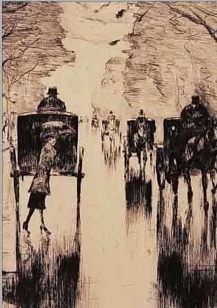 URY, LESSER, *1861 - 1931, BERLINER STRAS- SENSZENE MIT 5 PFERDEDROSCHKEN UND EINER DIE STRASSE üBERQUERENDEN DAME BEI REGENWETTER, RADIERUNG ...