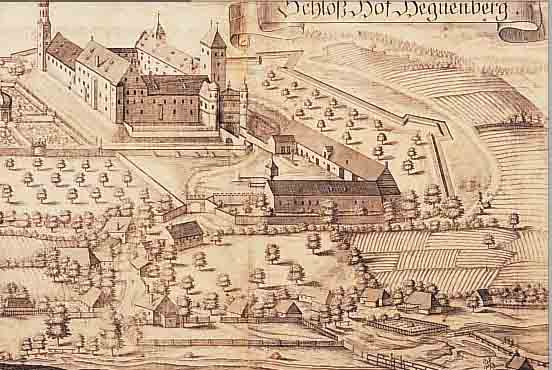 4 BLATT MIT KUPFERSTICHE V. WENING, 1.) KUPFERSTICH V. WENING, SCHLOß HOF HEGNEN- BERG (SCHLOß HOFGEGNENBERG) VON 2 PLATTEN GE- DRUCKT, ...