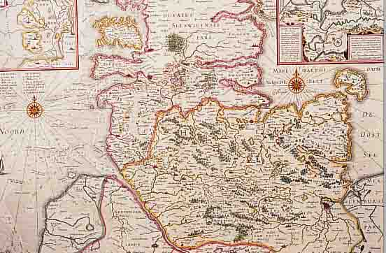 KONVOLUT VON 3 BLATT HOLSTEIN, 1.) KOLOR. KUPFERSTICHK. V. J. JANSONIUS, CA. 1740, DUCATUS HOLSATIAE NOVA TABULA, MIT ZWEI IN- SETKARTEN RE ...