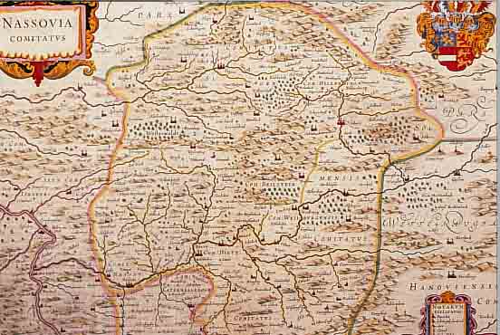 KOLOR. KUPFERSTICHK., V. J. JANSONIUS, CA. 1740, NASSOVIA COMITATUS, MIT PRACHVOLLER KARTUSCHE (KOLR.) UND SCHöNEM KOLOR. WAPPEN RE. O., ...