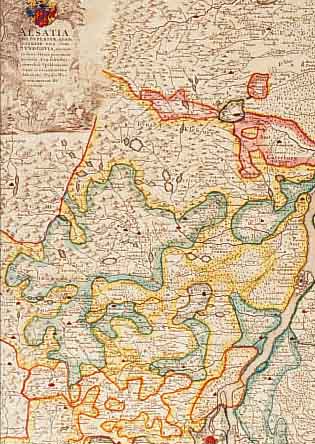 ALTKOLOR. KUPFERSTICH, K. V. HOMANN ERBEN, CA. 1760, ALSATIA TAM SUPERIOR, QUAM INFERIOR UNA CIM SUNDGOVIA..., MIT SCHöNER KARTUSCHE LI. O. (IN ...