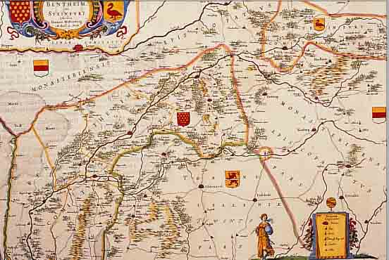 2 KOLOR. KUPFERSTICHK., V. J. JANSONIUS, CA.1640: 1.) CLEVE M. RAVENSTEIN U. BENTHEIM U. STEINFURT; 2.) COMITATUS BENTHEIM ET STEIN-FURT MIT ...