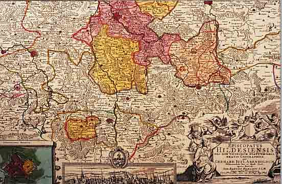 KONVOLUT VON 3 BLATT, ALTKOLOR: KUPFERSTICHEMIT ANSICHTEN VON HILDESHEIM: 1.) ALT- KOLOR. KUPFERSTICHK. V. HOMANN, CA. 1740 EPISCOPATUS ...