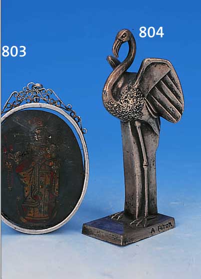 SKULPTUR, FRANKREICH, SIGN. A. FERON, 20ER JAHRE, ART-DECO, WEIßBRONZE, STEHENDER KRANICH, H.CA. 15.5 CM