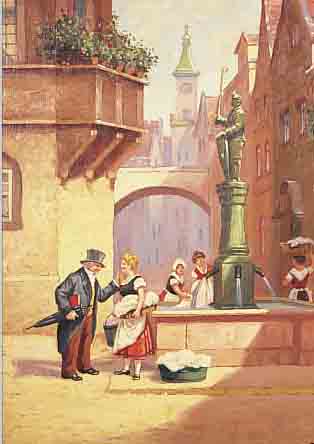 LETTAU, F., 1. HäLFTE 20. JH., äLTERER HERR BEIM SCHäKERN MIT JUNGEN WäSCHERINNEN AM BRUNNEN IN DER ALTSTADT, ÖL/HOLZ, SIGN., 56 X 35 ...