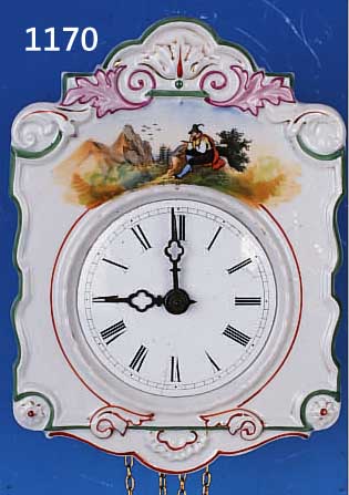 PORZELLANSCHILDERUHR, SCHWARZWALD, UM 1880, PORZELLANSCHILD MIT JäGERMOTIV, HOLZPLATINEN- WERK, ORIGINALTüREN, HALBSTUNDENSCHLAG AUF TONFEDER, ...