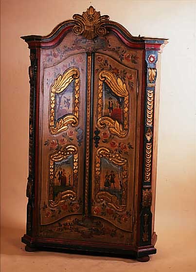 SCHRANK, WEICHHOLZ, 60ER JAHRE, NACH VORBILD DES 18. JH., BUNT BEMALT, 186 X 116 X 55 CM