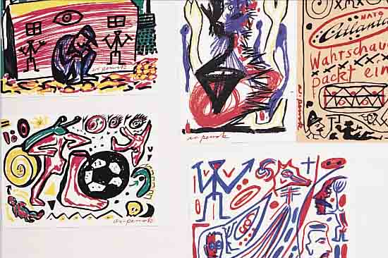 PENCK, A.R., GEB. 1939, KONVOLUT AUS SECHS MULTIPLES, FARBOFFSETS, ALLE HANDSIGNIERT, JE CA. 10 X 15 CM, U.GL