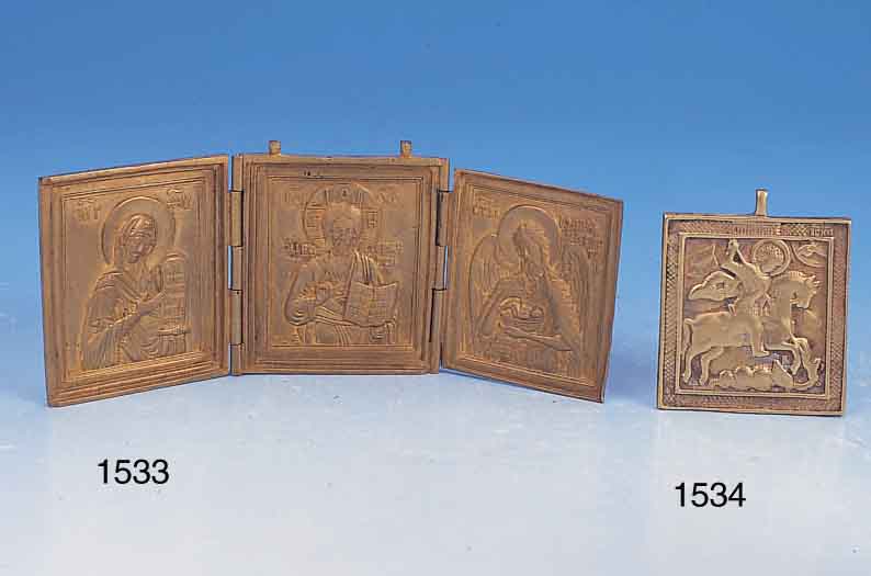 REISEIKONE, RUSSLAND, UM 1800, BRONZE, HL. GEORG DER DRACHENTöTER, CA. 6,5 X 6 CM