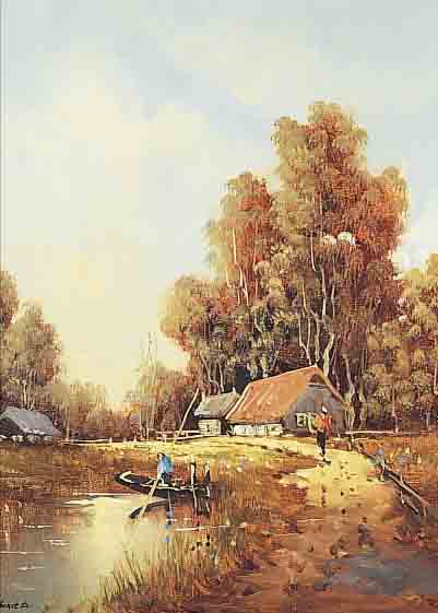 SELHORST, TH. SEN., NIEDERLäNDISCHER MALER, HAUS AM SEE, ÖL/LWD, LI. U. SIGN., CA. 50 X 40 CM, R.
