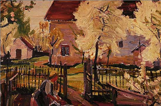ZUSCHREIBUNG: WALTER PERRON, 1895-1972, FRAU BEI DER GARTENARBEIT, ENTSTANDEN WOHL UM 1915-20, ÖL/MALKARTON, UNSIGNIERT, CA. 30 X 40 CM, ...