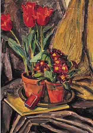 SCHMITT, AUGUT LUDWIG, 1882 APPENMüHLE BEI KARLSRUHE-1936 STUTTGART, STILLEBEN MIT TULPEN UND PRIMELN, ÖL/LWD, RE. O. MONOGR. UNDDAT. 1928, ...