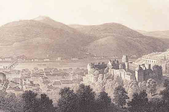 STAHLSTICH, DEUTSCH, UM 1850, PANORAMA VON HEIDELBERG VON DER MOLKENKUR AUS GESEHEN, CA. 14 X 66 CM, U.GL., R.