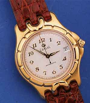 CHAGAL HERRENARMBANDUHR AUTOMATIK, REF.-NR. 01I-51-CL, SCHWEIZ UM 1992, EDELST. HARTVERG.,BODEN U. KRONE GESCHR., BOMB. SAPHIRGL., ...