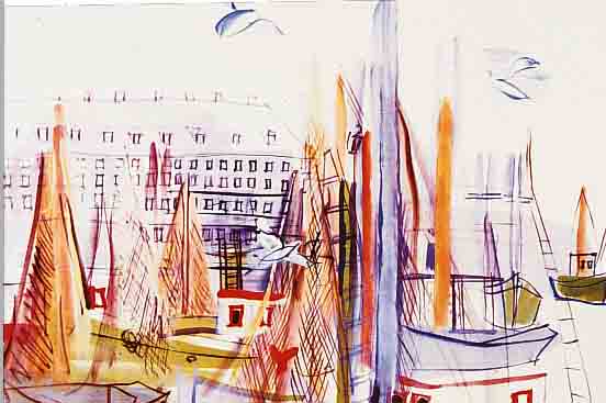 DUFY, RAOUL, LE PORT A PESCHE A BOSTON, FARBLITHOGRAPHIE NACH EINEM AQUARELL, ED. ADAPG PARIS 1959, CA. 34 X 26 CM, PP