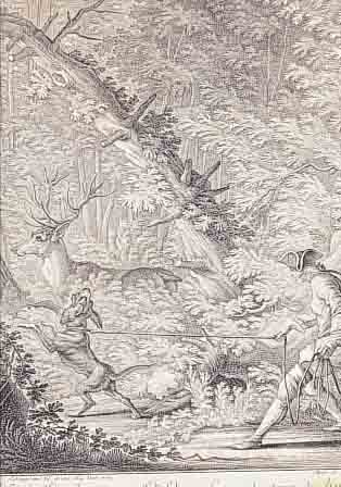 RIDINGER, JOH. ELIAS, KUPFERSTICH, JäGER MIT JAGDHUND VOR EINEM HIRSCH, WASSERFLECKIG UND GEBRäUNT, CA. 30 X 24,5 CM, PP, U.GL., ...