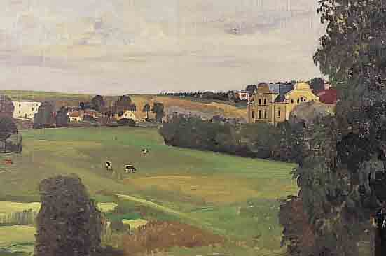 DOUZETTE, FRITZ, 1878-1955 BERLIN, SCHüLER VON KALLMORGEN, LANDSCHAFTSDARSTELLUNGMIT GEBäUDEN, EVT. EHEMALIGES PRIESTERSEMINAR IN GNESEN, ...