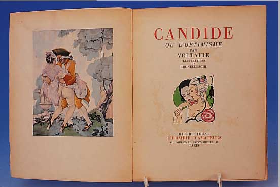 VOLTAIRE: CANDIDE OU L`OPTIMISME, PARIS 1933 HRSG. GIBERT JEUNE LIBRAIRE D`AMATEURS, 163S., MIT 15 GANZSEIT. VORWIEGEND EROTISCHEN ...