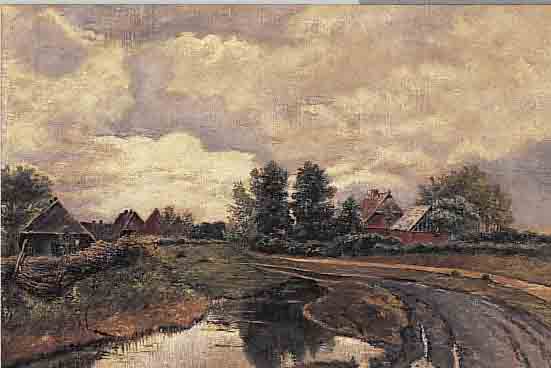 UNBEKANNTER MALER, MüNCHNER SCHULE, UM 1880-90, LANDSCHAFT MIT GEHöFTEN UND BACHLAUF, ÖL/LWD, UNSIGN., CA. 31,5 X 45 CM,R.