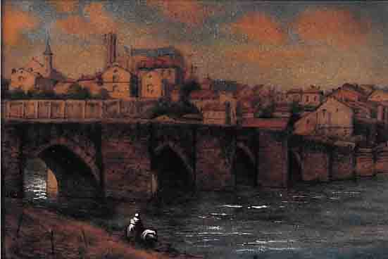 FAURé, CAMILLE, EMAILLEUR IN LIMOGES, 20ER/30ER JAHRE, STADTANSICHT MIT BRüCKE, FEINES MEHRFARBIGES EMAIL AUF KUPFER, TEILS ...