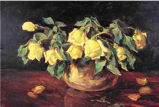 WüRTELE, LUDWIG, GEB. 1884 HEIDELBERG, SCHüLER DER AKADEMIE KARLSRUHE BEI HAUEISEN, HIER: STILLEBEN MIT GELBEN ROSEN, ÖL/LWD, LI. U. ...