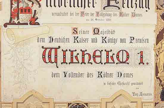 27 FARBLITHOGRAPHIEN, HITSORISCHER FESTZUG ZUR VOLLENDUNG DES KöLNER DOMS, 1880, VON TONY AVENARIUS, TEILS EINGERISSEN, RäNDER BESCH., JE ...