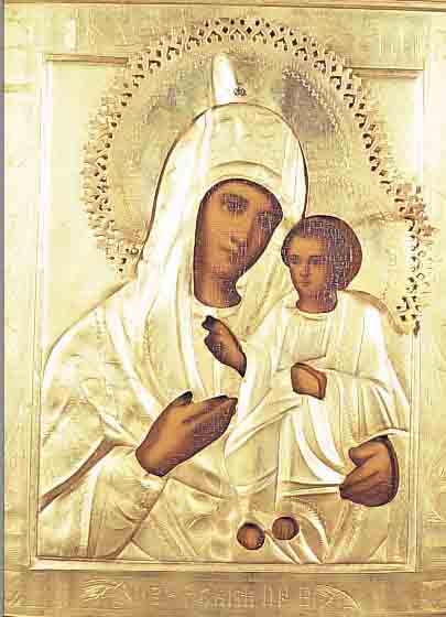 IKONE, RUSSLAND, UM 1910, MUTTER GOTTES MIT KIND, ZISELIERTES UND PUNZIERTES MESSING- OKLAD, CA. 22 X 18 CM