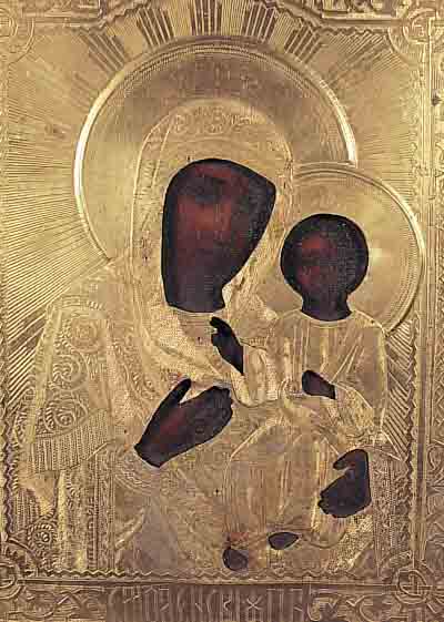 IKONE, RUSSLAND, UM 1880-1900, MUTTER GOTTES MIT KIND, ZISELIERTES UND PUNZIERTES MESSINGOKLAD, CA. 22 X 17,5 CM