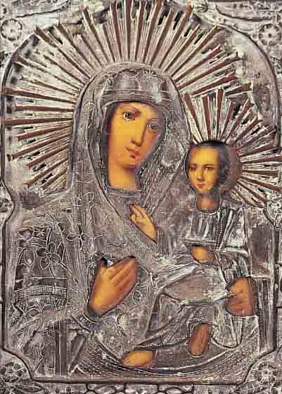 IKONE, RUSSLAND, UM 1900-10, MUTTER GOTTES MIT KIND, GEPRäGTES METALL- OKLAD, CA. 22 X 17,5 CM