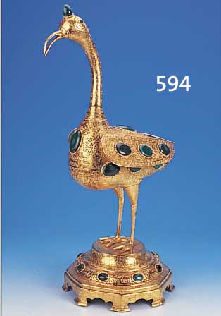 SKULPTUR, RAJASTAN/INDIEN, UM 1860-70, METALL VERGOLDET, REICHE GESäGTE DURCHBRUCH- ARBEIT, MIT MALACHITPLATTEN APPLIZIERT, H. CA. 67 CM