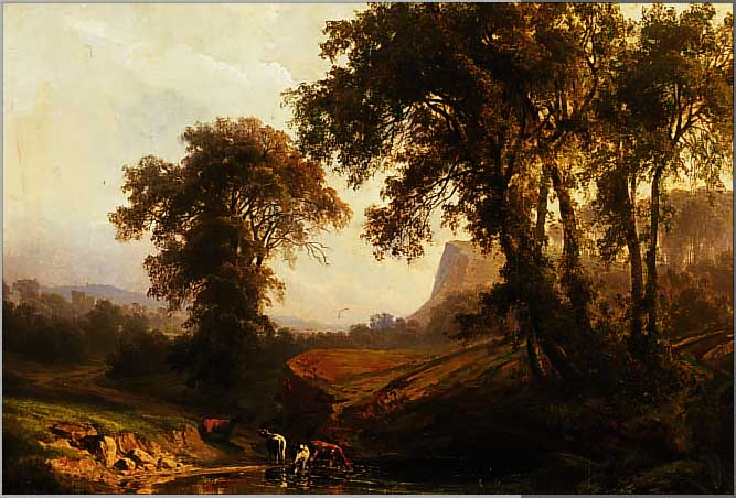 PFLUGRADT, GUSTAV, GEB. 1829 IN FRANZENBERG, ROMANTISCHE LANDSCHAFT MIT KüHEN UND RUINE IM HINTERGRUND, ÖL/LWD, RE. U. SIGN. UND DAT. 1869, CA. ...