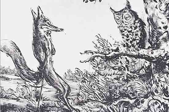 WEBER, A. PAUL, 1893-1980, FUCHS UND EULE, LITHOGRAPHIE AUF ZERKALI-BüTTEN, CA. 21,6 X 31,4 CM, PP, RüCKSEITIG NACHLAßSTEMPEL MIT SIGNATUR ...