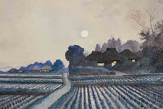 YUNOYIN, S., JAPANISCHER KüNSTLER, UM 1900-10, JAPANISCHE LANDSCHAFT MIT HüTTEN UND FELDERN IM MONDSCHEIN, GOUACHE AUF ...