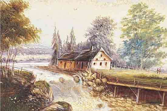 UNBEKANNTER MALER, DEUTSCH, UM 1900, LANDSCHAFT MIT GEHöFT AM BACHLAUF, ÖL/HOLZ, LI. U. UNLESERLICH SIGNIERT, DURCH RAHMEN VER-DECKT, CA. ...