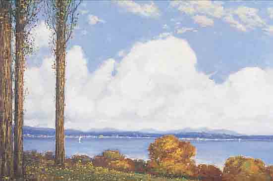 BüCHTGER, ROBERT, 1862 PETERSBURG-1951 MüNCHEN, UM 1910 ENT- STANDEN, LANDSCHAFT AM CHIEMSEE, ÖL/LWD, LI. U. SIGN., ...