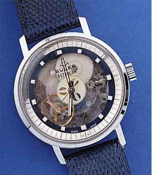 BULER HERRENARMBANDUHR ASTROLON, METALL VERCHR., EDELST.-BODEN GEDR., KUNSTSTOFFWERK VON AGON WATCH CO., HANDAUFZUG, LEDERB., SCHWEIZ UM ...