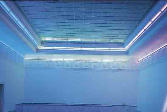 FLAVIN, DAN, 1933-1996, PLAKAT ZUR AUSST. STAATL. KUNSTHALLE BADEN-BADEN 1989, FARBOFF- SET, HANDSIGNIERT, CA. 59 X 84 CM