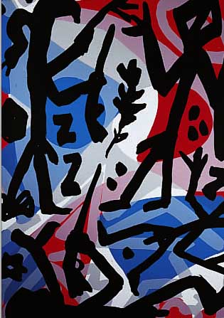 PENCK, A.R., GEB. 1939, BEGEGNUNG AN DER ELBE, FARBSERIGRAPHIE, HANDSIGNIERT, AUS EINER 50ER AUFLAGE, CA. 68 X 48 CM