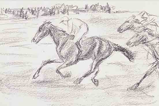 LIEBERMANN, MAX, 1847-1935, DAS PFERDERENNEN, LITHOGRAPHIE, RE. U. HAND- SIGN., CA. 17 X 29 CM