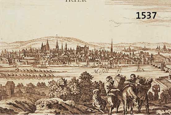 KONVOLUT VON 3 BLATT, MIT ANSICHTEN VON TRIER: 1.) KOLOR. KUPFERSTICH AUS BR. U. HOGENBERG, GA TRIER, 16,5 X 47 CM, SEHR GUTES EXEMPLAR, FESTER ...