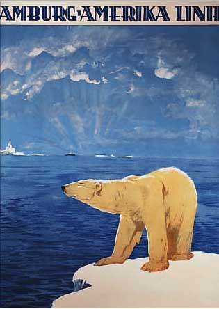 PLAKAT: HAMBURG-AMERIKA-LINIE, HAPAG-FJORD UND POLARFAHRTEN, ENTWURF L. OLSHAUSEN-SCHöNBERGER, GEDRUCKT BEI MüHL- MEISTER ...