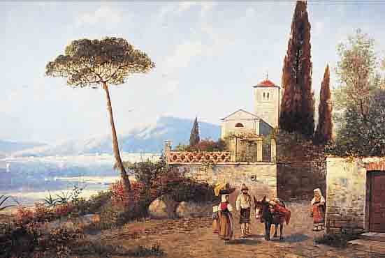 WAGNER, K., KüNSTLER DES 19.JH., BAUER MIT ESEL UND FAMILIE AN SüDLäNDISCHER KüSTE, ÖL/LWD. (SORGF. REST.), SIGN., 63 X 91 CM