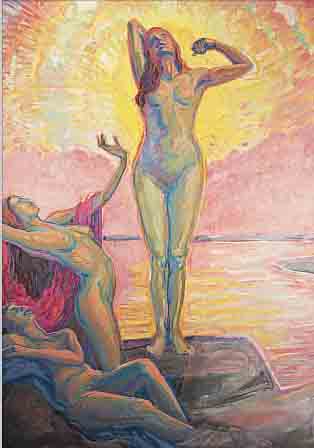 UNBEK. KüNSTLER DES JUGENDSTILS, WOHL UMKREIS FIDUS, ZWEI WEIBLICHE AKTE AUF FELSEN AM MEERESSTRAND BEI SONNENAUFGANG, ÖL/LWD., 94 X 72 CM