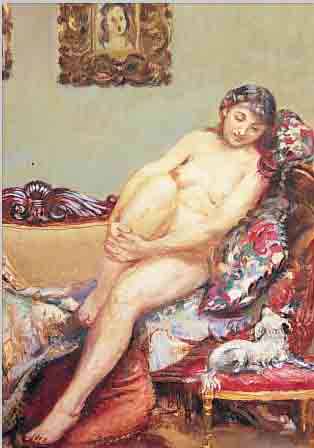 FRANZöSISCHER KüNSTLER, UM 1920, NACKTE JUNGE FRAU AUF EINEM SOFA, DAVOR EIN HüNDCHEN,ÖL/HOLZ, UNSIGN., VERSO SCHWER LESBAR BEZ., 38 X 26 ...