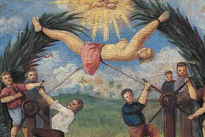 KüNSTLER DES 18. JH., WOHL SüDDEUTSCH, DAS MARTYRIUM DER HEILIGEN CORONA, DIE UNTER ANTONIUS IM JAHRE 177 AN ZWEI NIEDERGEBUNDENENPALMEN ...