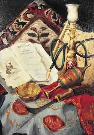 SANDOR -DUSHNITZ, MAX, *1887 (UNGARN) - 1942, UNGARISCHER ILLUSTRA-TOR, ORIENTALISCHES STILLEBEN MIT WASSER- PFEIFEN UND ...