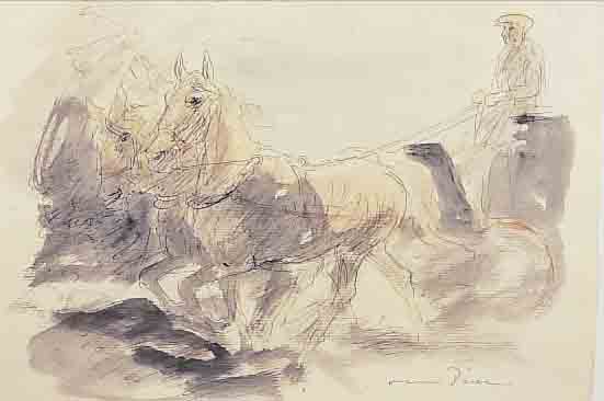 DILL, OTTO, 1884 NEUSTADT-1957 BAD DüRKHEIM, ZWEISPäNNIGE KUTSCHE, AQUARELLIERTE TUSCH- FEDERZEICHNUNG, RE. U. SIGN., CA. 26,5 X 37,5 CM, ...