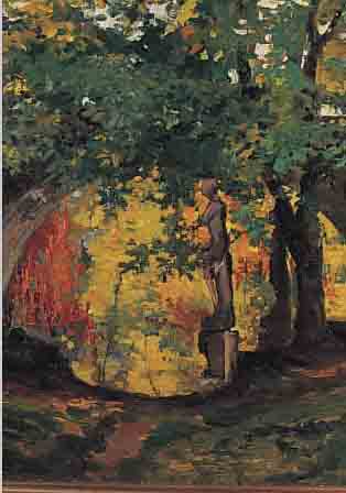 UNBEK. IMPRESSIONIST ANFANG 20. JH., HERBSTLICHER PARK MIT ALTER STEINBRüCKE UND JüNGLINGSSKULPTUR AUF EINEM SOCKEL, ÖL/LWD., UNSIGN., ...