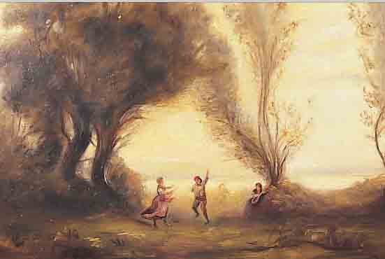UNBEK. KüNSTLER D. 19/20. JH., NACH FRANZöSICHEM VORBILD, HIER: TANZENDE IN LANDSCHAFT, ÖL/HOLZ (MIN. BESCH.), UNSIGN., 36 X 50 ...
